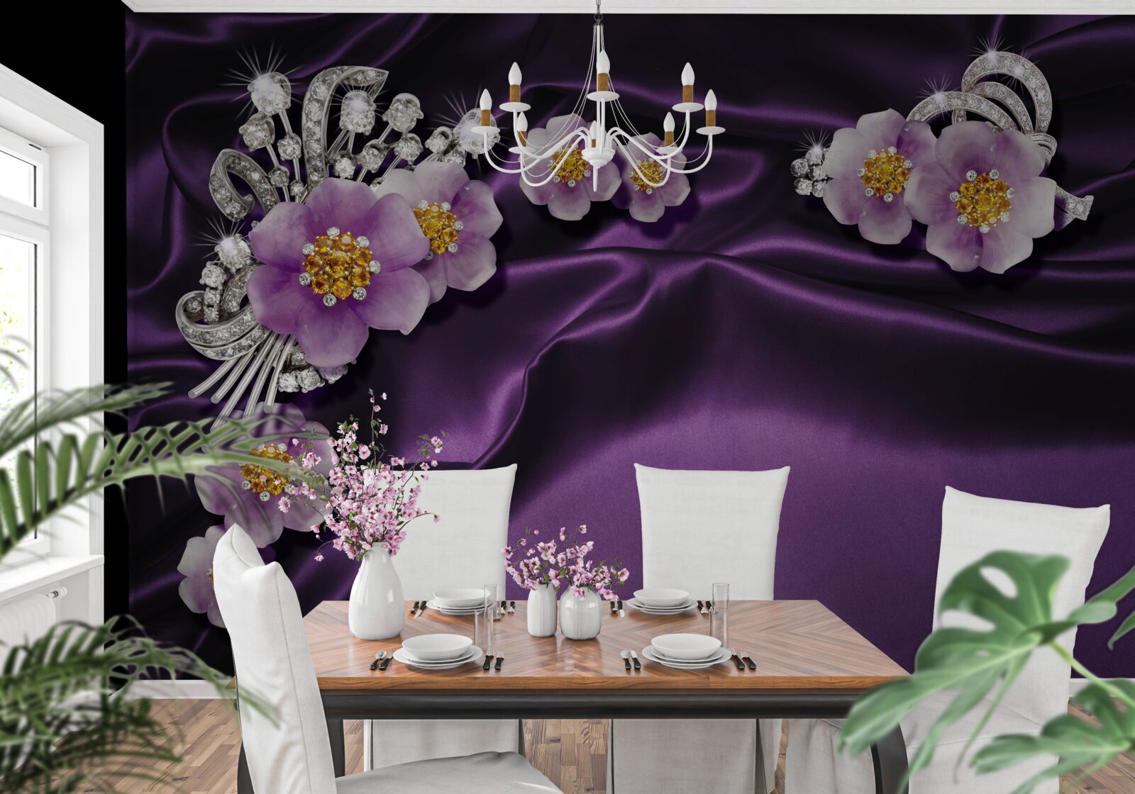 Fototapet Flori de liliac pe mătase închisă cu accente argintii