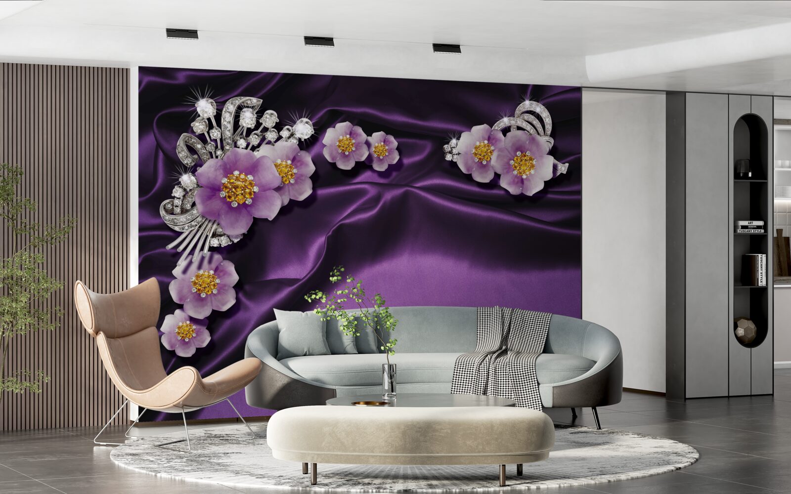 Fototapet Flori de liliac pe mătase închisă cu accente argintii