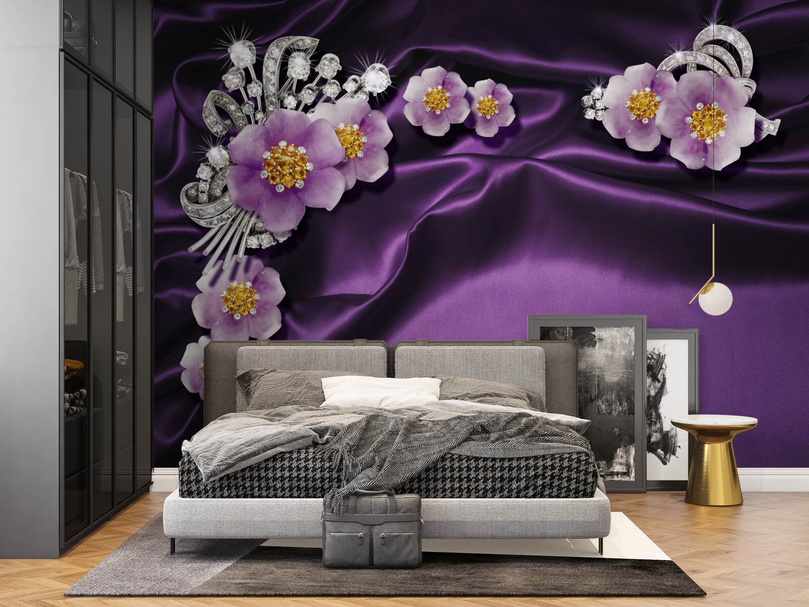 Fototapet Flori de liliac pe mătase închisă cu accente argintii