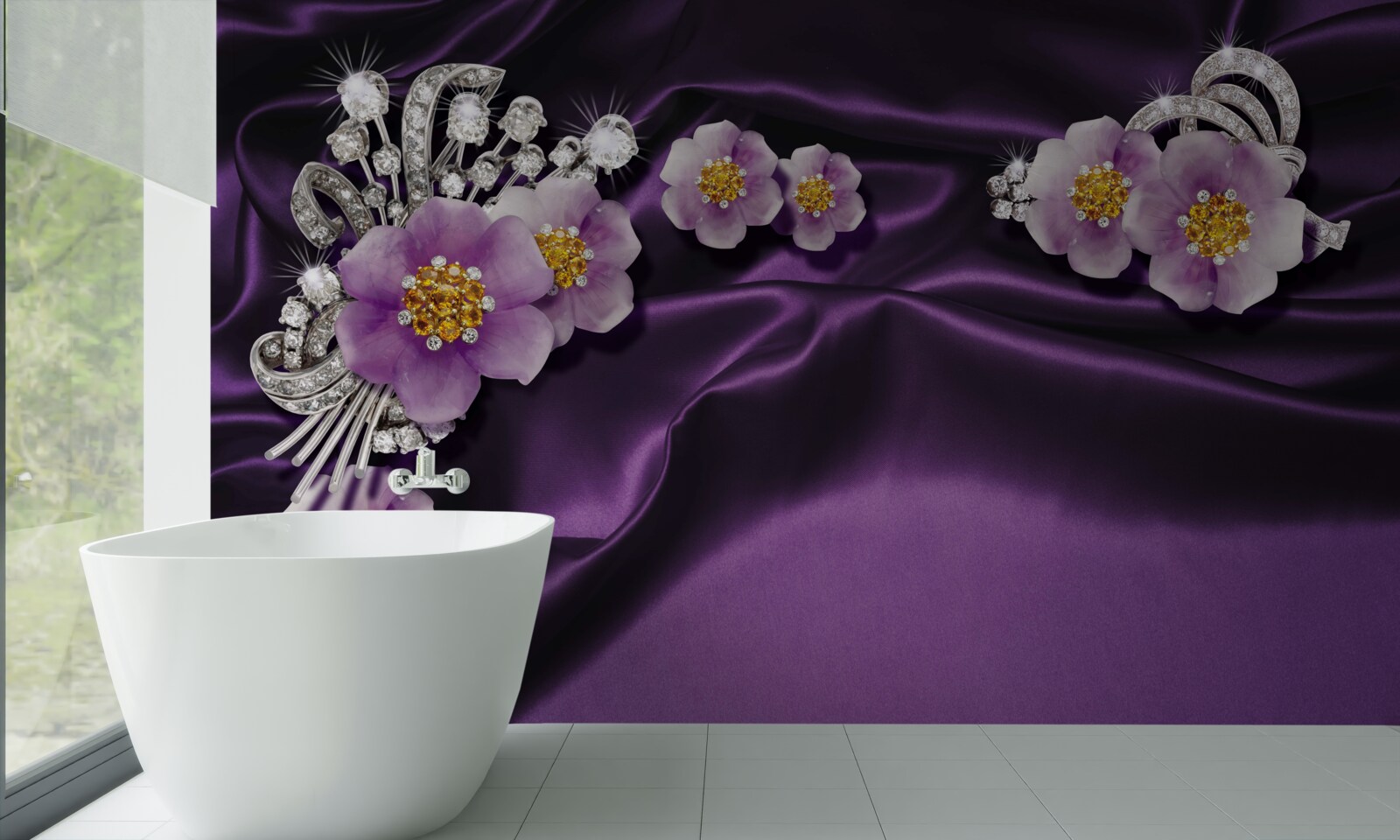 Fototapet Flori de liliac pe mătase închisă cu accente argintii