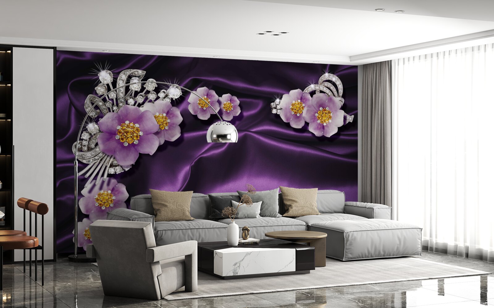 Fototapet Flori de liliac pe mătase închisă cu accente argintii