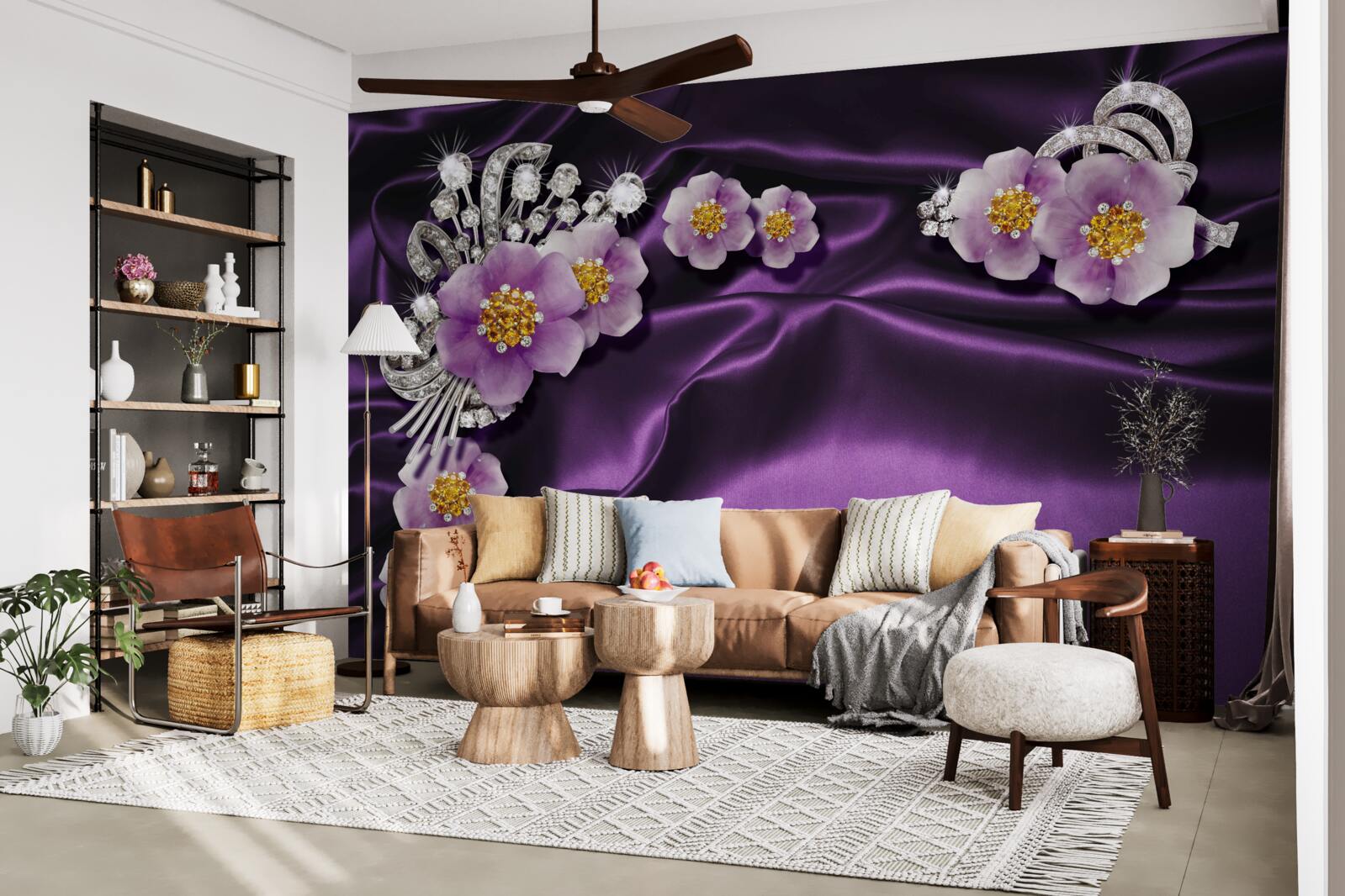 Fototapet Flori de liliac pe mătase închisă cu accente argintii