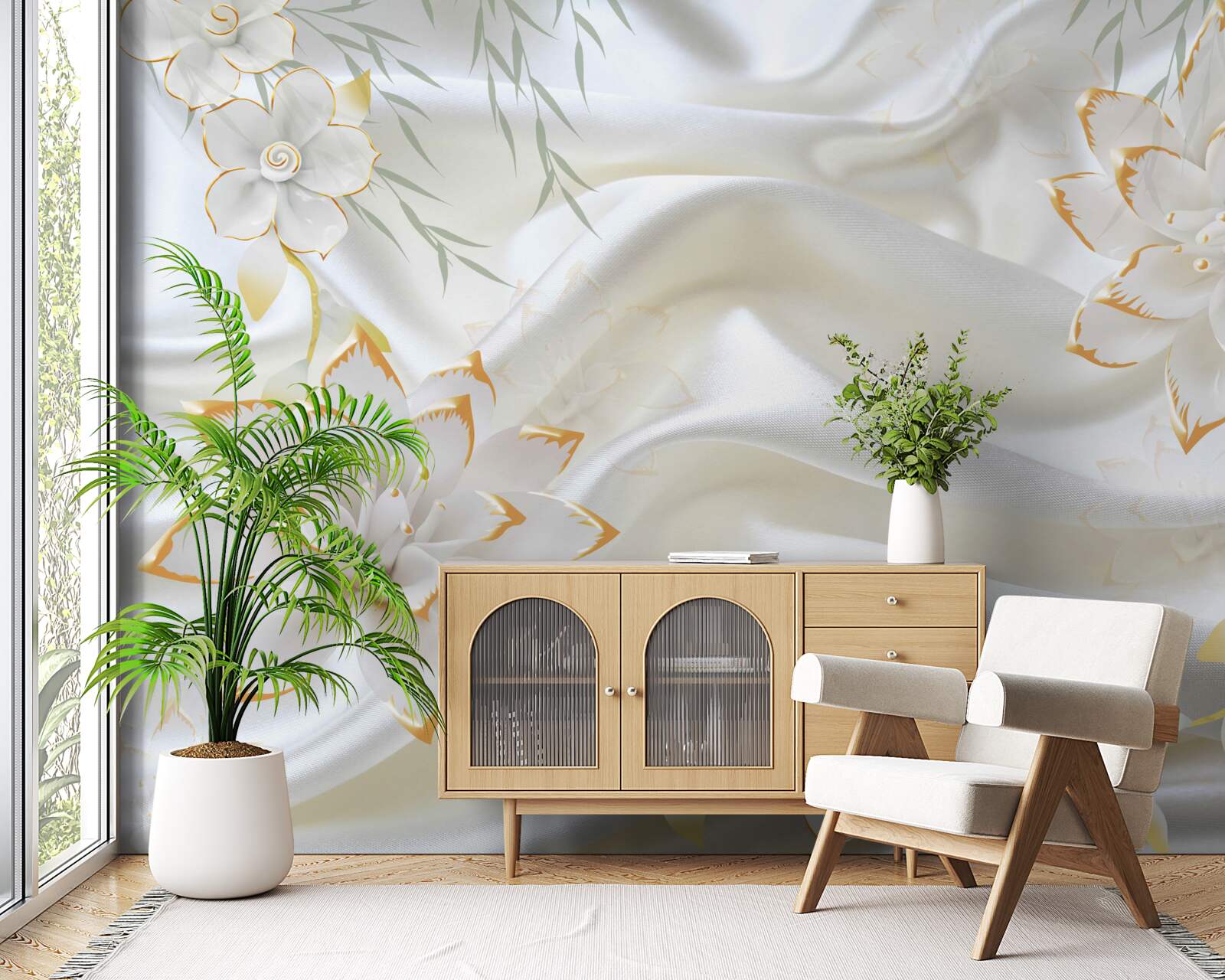 Fototapet modele aurii și flori pe mătase albă