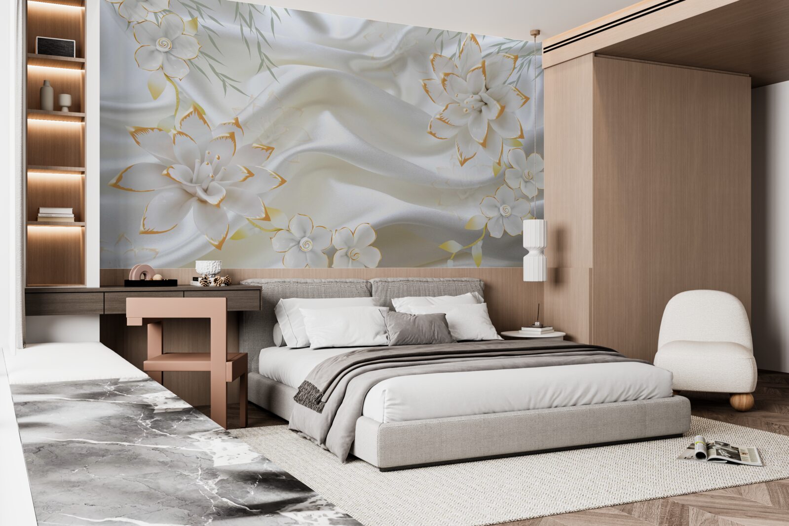 Fototapet modele aurii și flori pe mătase albă