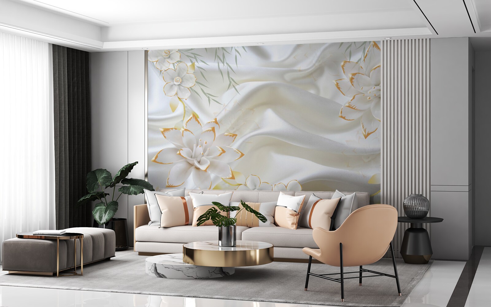 Fototapet modele aurii și flori pe mătase albă