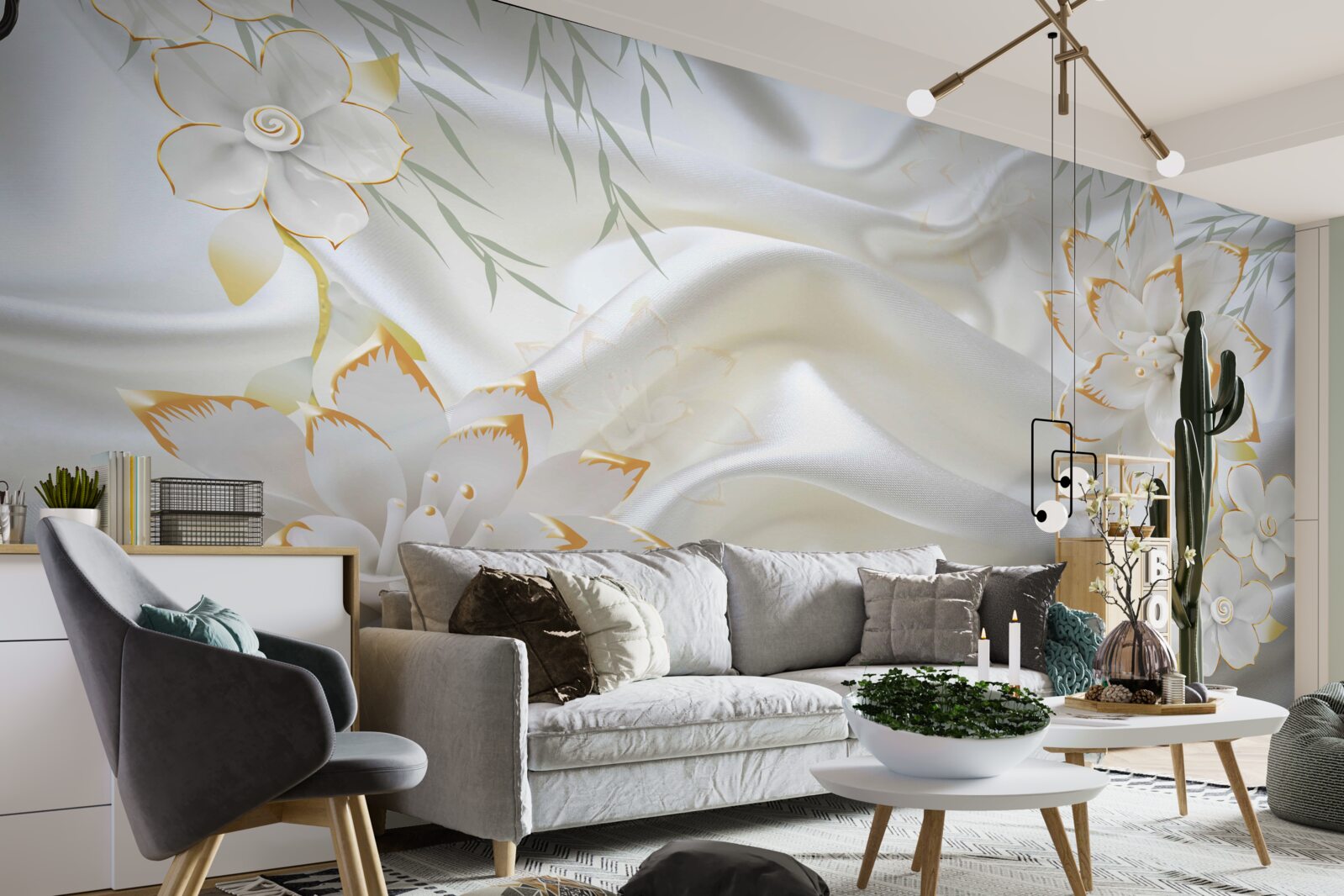 Fototapet modele aurii și flori pe mătase albă