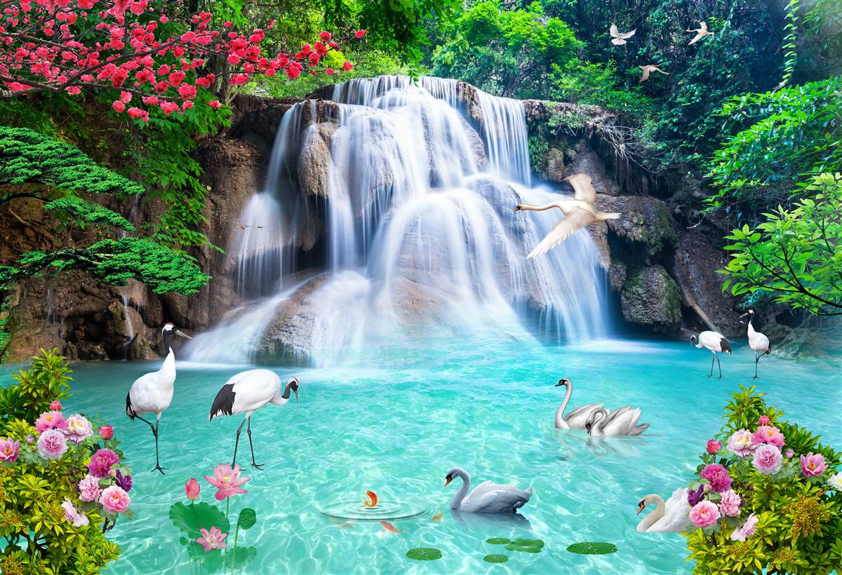 Fototapet cascadă zgomotoasă și lebede în apa albastră