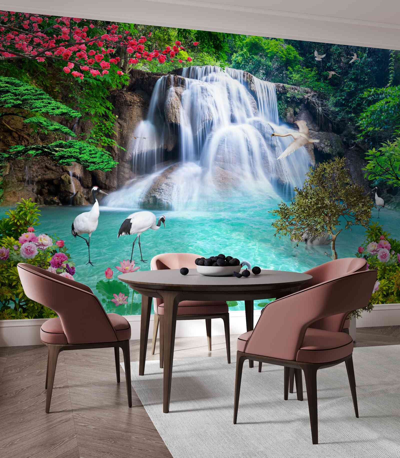 Fototapet cascadă zgomotoasă și lebede în apa albastră