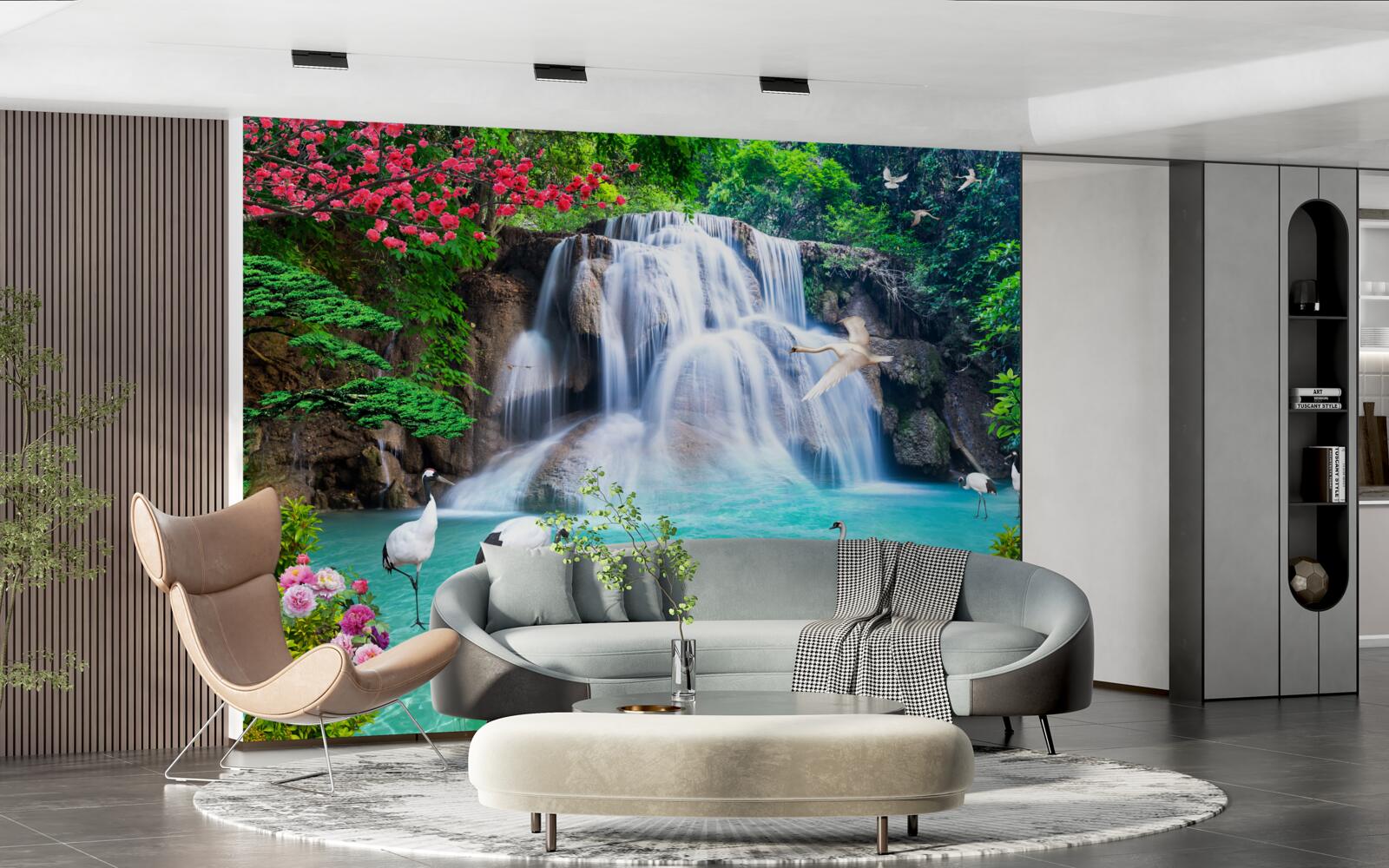 Fototapet cascadă zgomotoasă și lebede în apa albastră