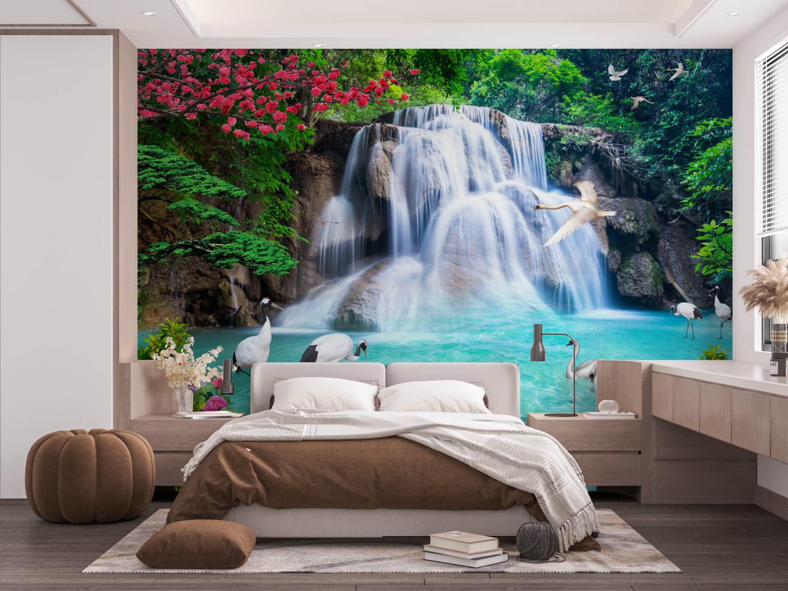 Fototapet cascadă zgomotoasă și lebede în apa albastră