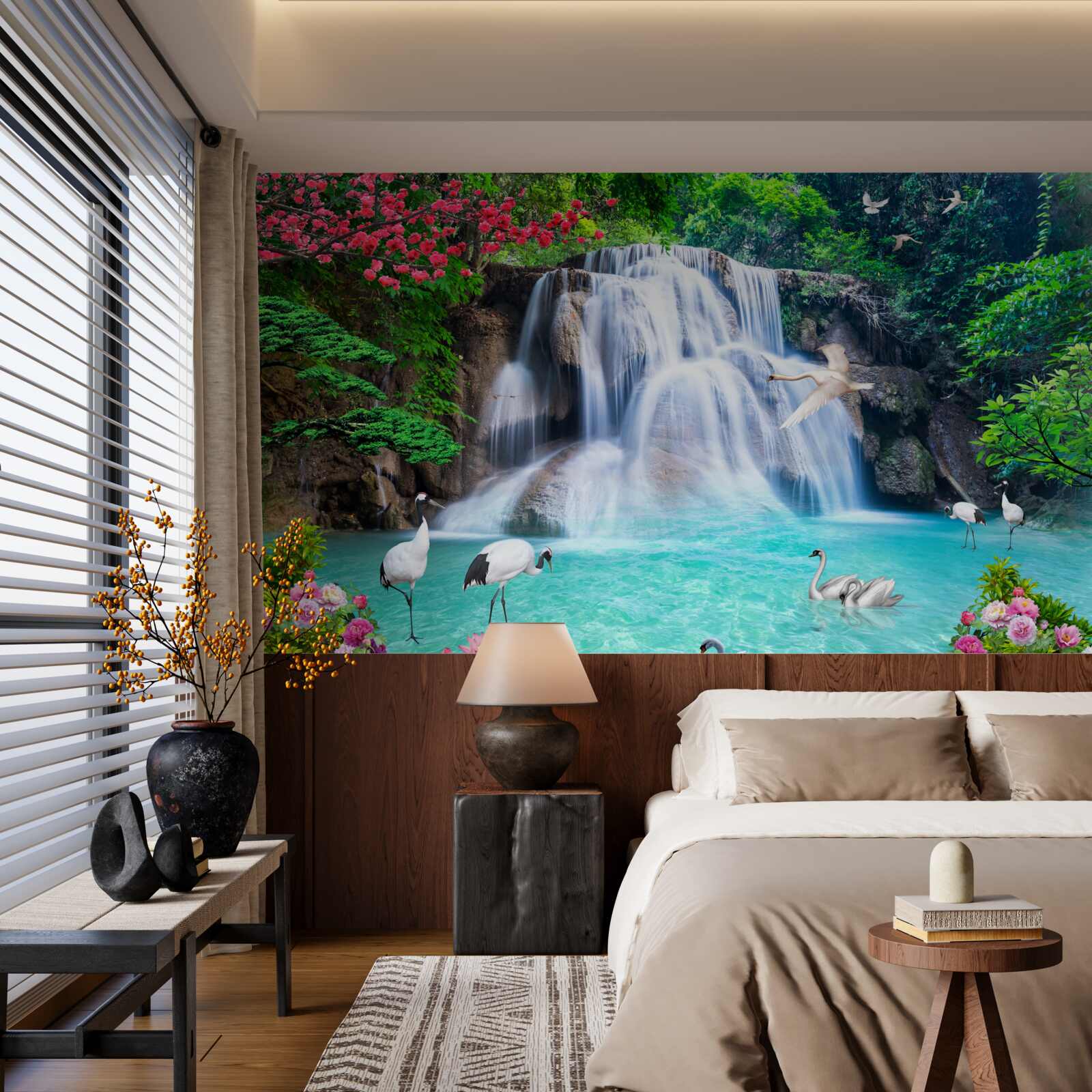 Fototapet cascadă zgomotoasă și lebede în apa albastră