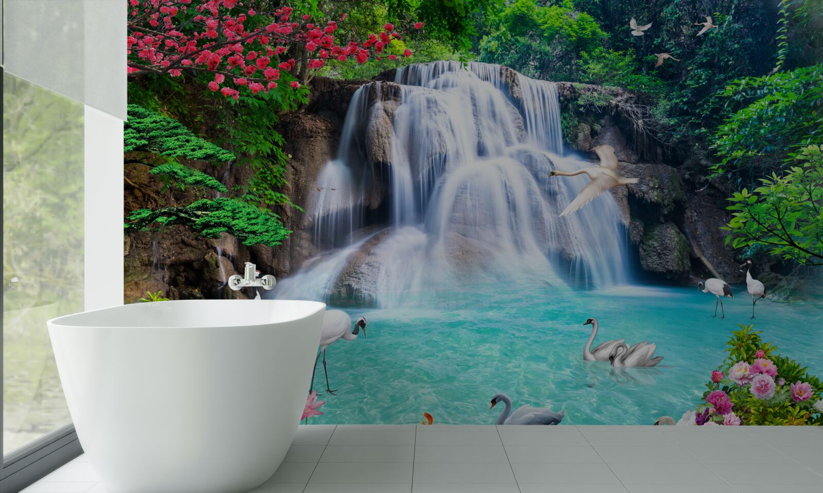 Fototapet cascadă zgomotoasă și lebede în apa albastră