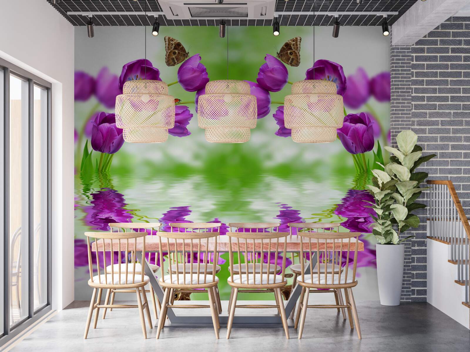 Fototapet florile reflectă fluturii care se odihnesc pe ele în apă