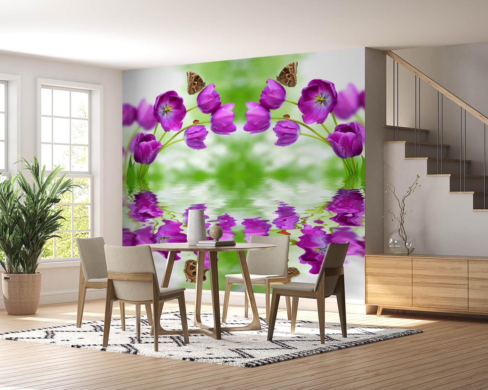 Fototapet florile reflectă fluturii care se odihnesc pe ele în apă