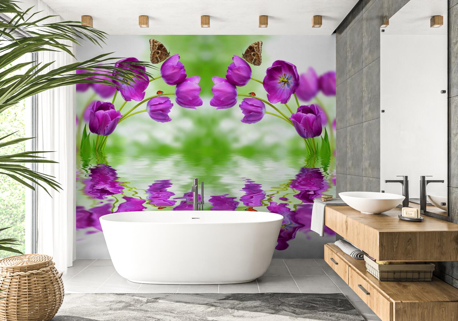 Fototapet florile reflectă fluturii care se odihnesc pe ele în apă