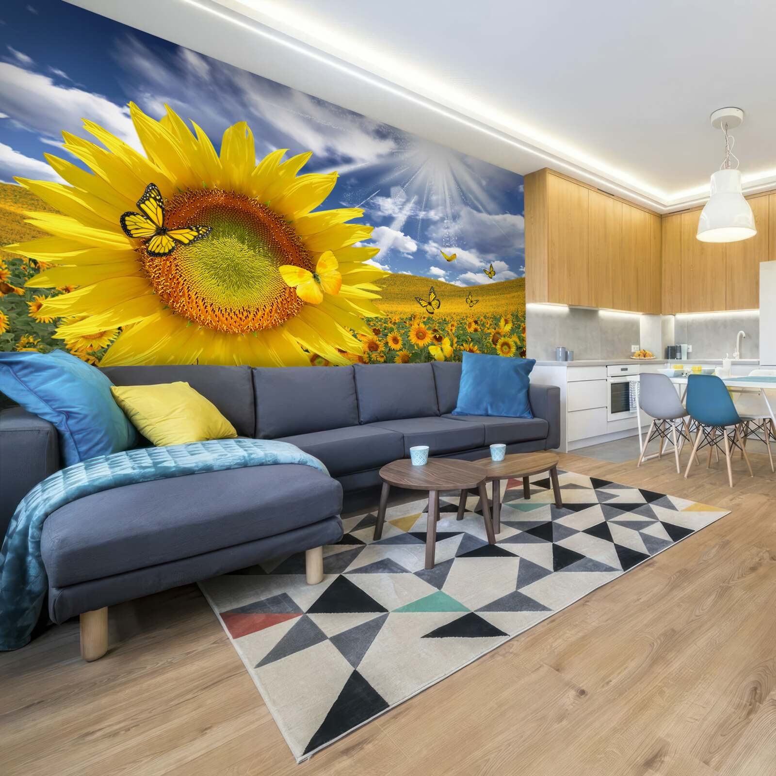 Fototapet fluturi aurii plutesc pe cerul albastru deasupra unui câmp de floarea soarelui