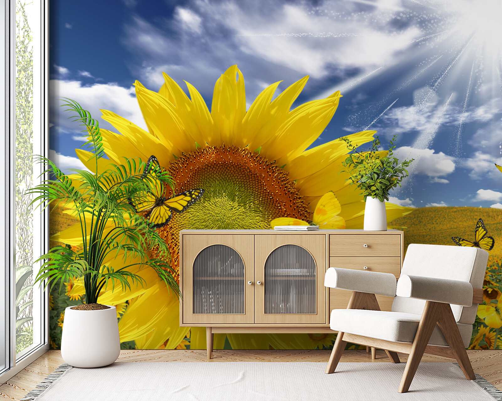 Fototapet fluturi aurii plutesc pe cerul albastru deasupra unui câmp de floarea soarelui