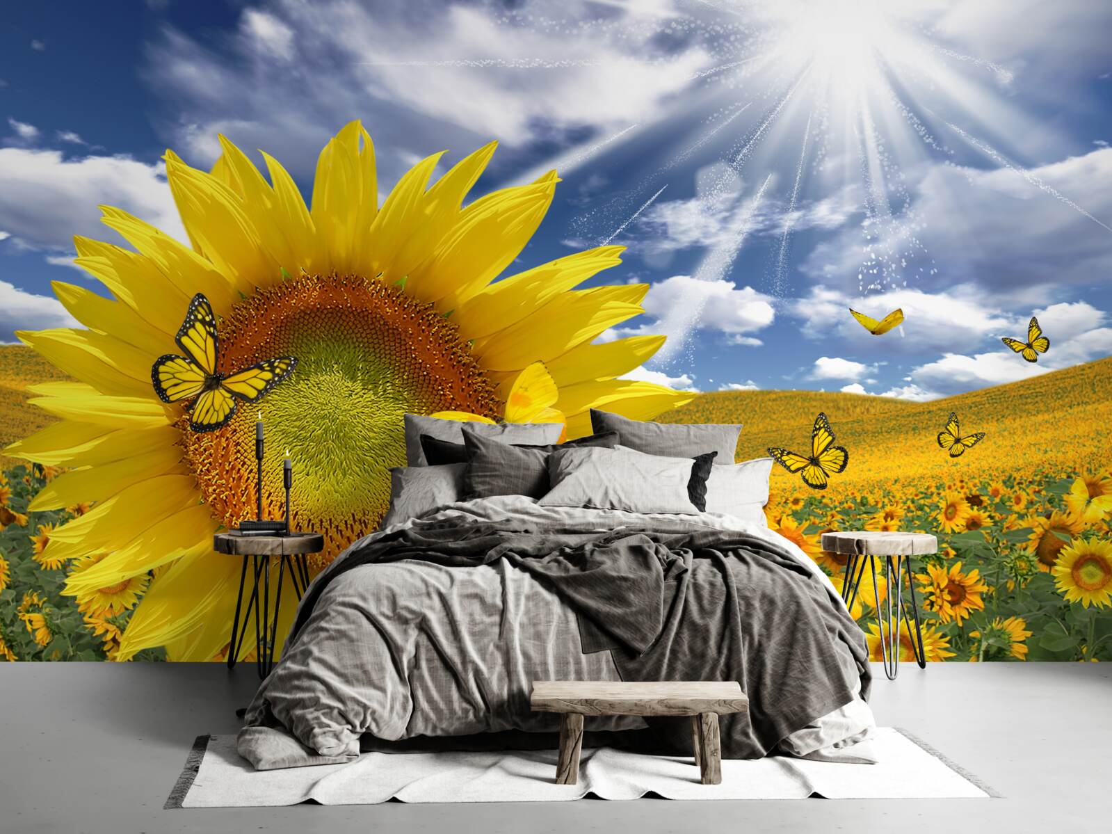 Fototapet fluturi aurii plutesc pe cerul albastru deasupra unui câmp de floarea soarelui