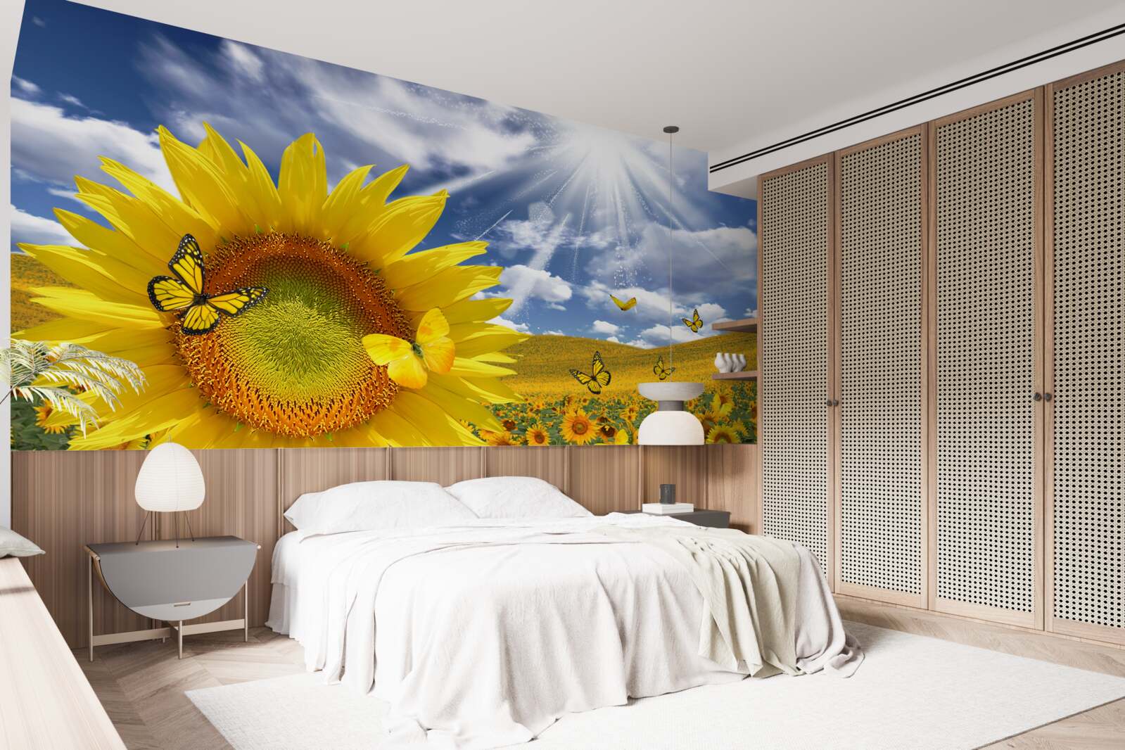 Fototapet fluturi aurii plutesc pe cerul albastru deasupra unui câmp de floarea soarelui