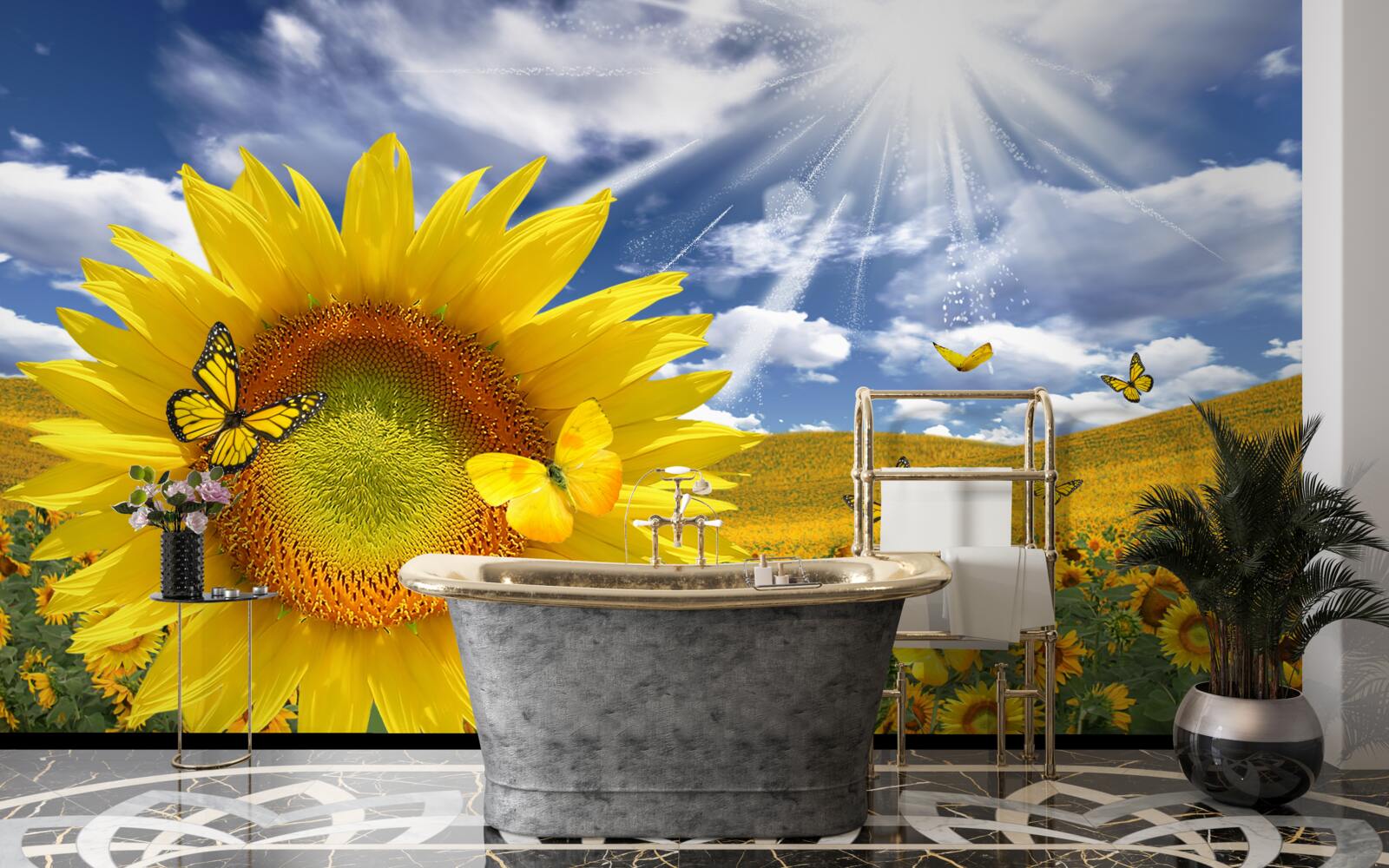 Fototapet fluturi aurii plutesc pe cerul albastru deasupra unui câmp de floarea soarelui