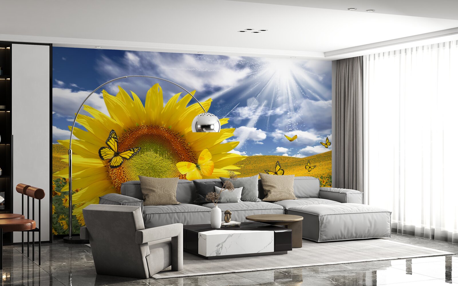 Fototapet fluturi aurii plutesc pe cerul albastru deasupra unui câmp de floarea soarelui