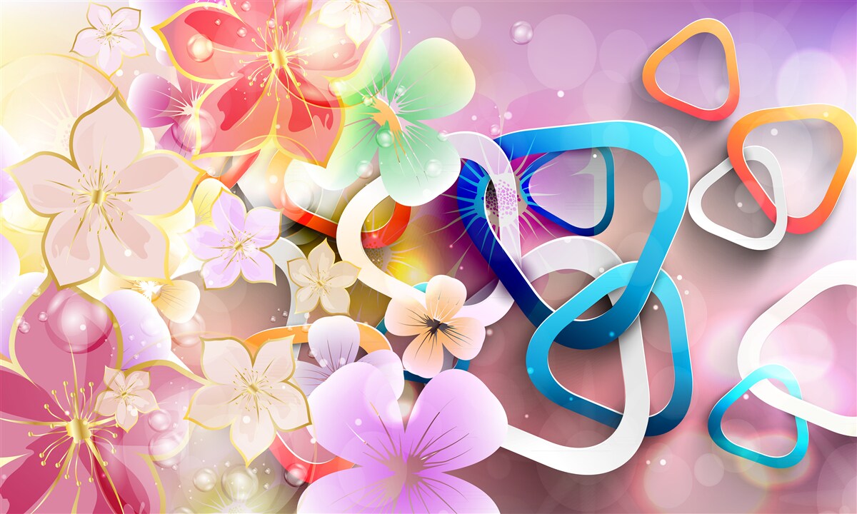 Fototapet flori în culori și modele bogate, cu accente aurii