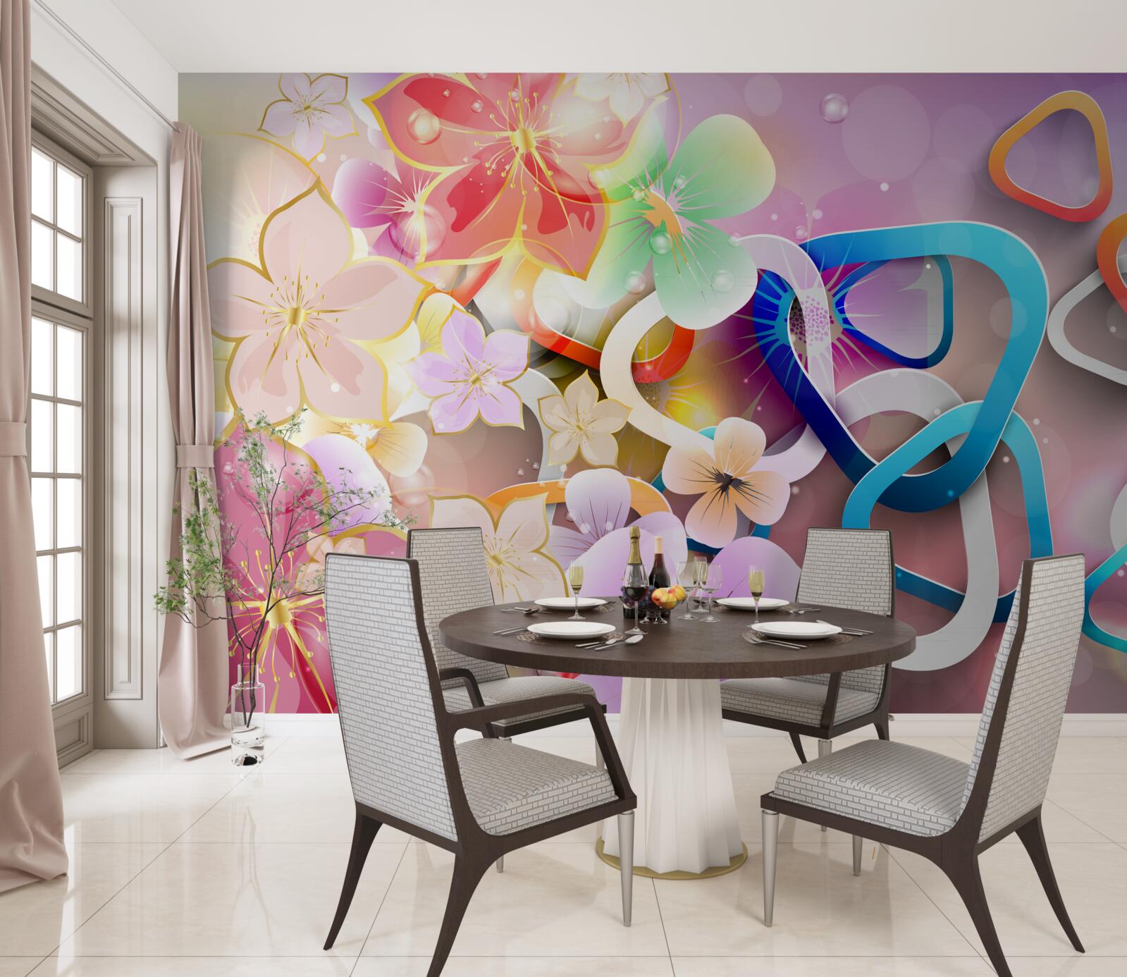 Fototapet flori în culori și modele bogate, cu accente aurii