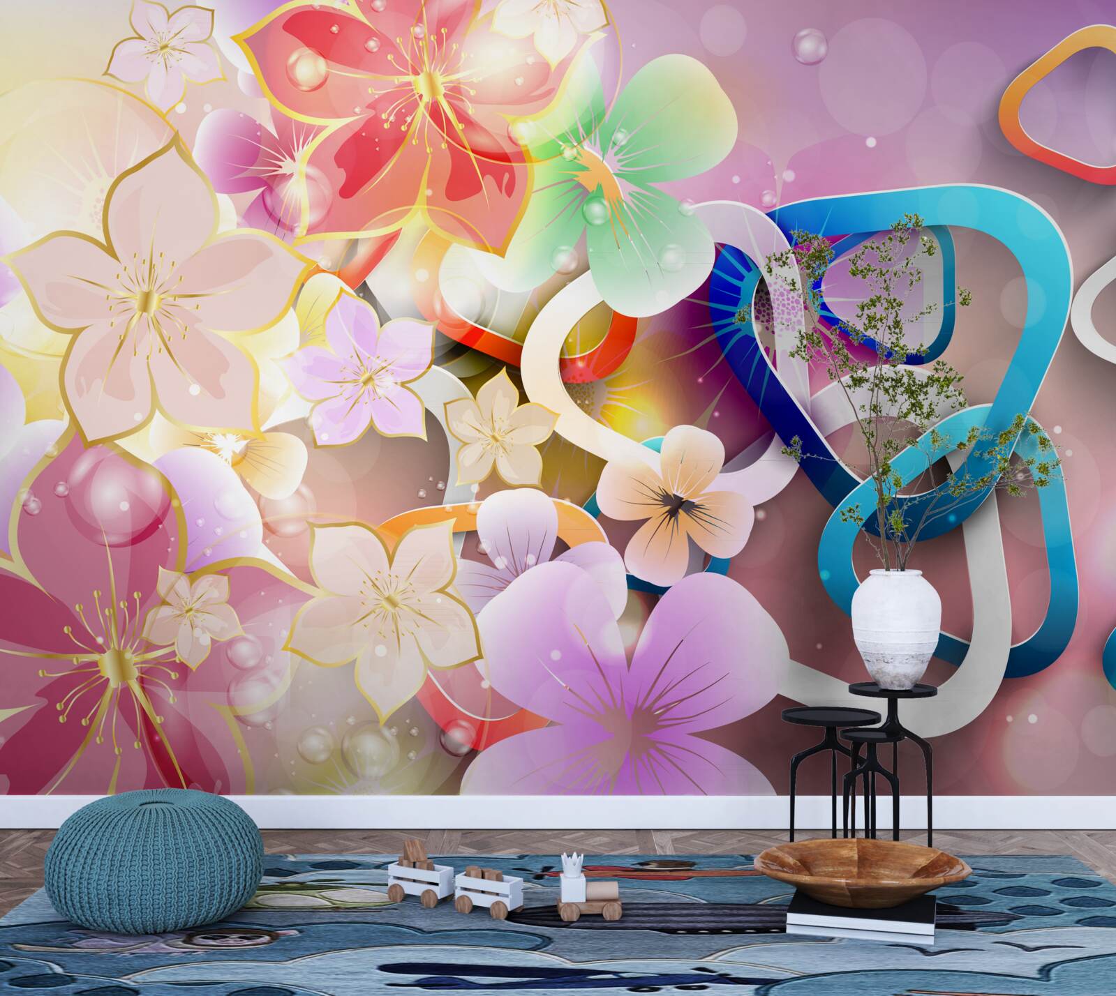 Fototapet flori în culori și modele bogate, cu accente aurii