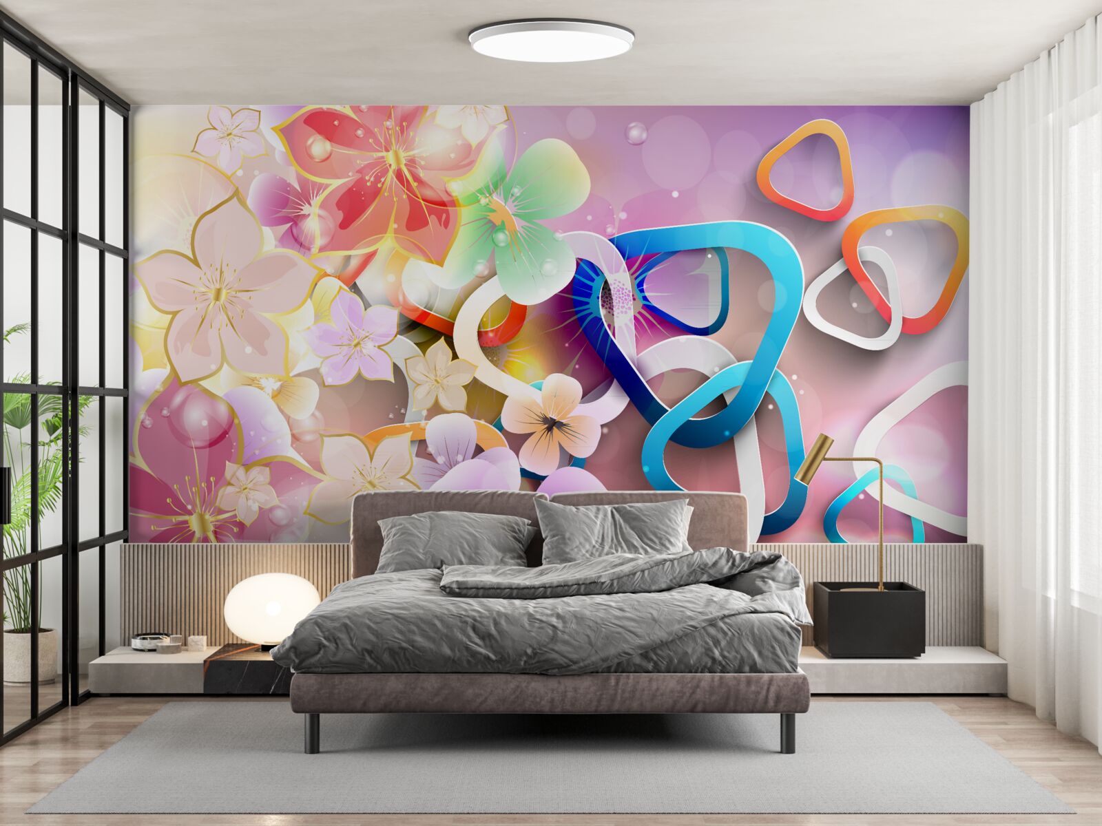 Fototapet flori în culori și modele bogate, cu accente aurii