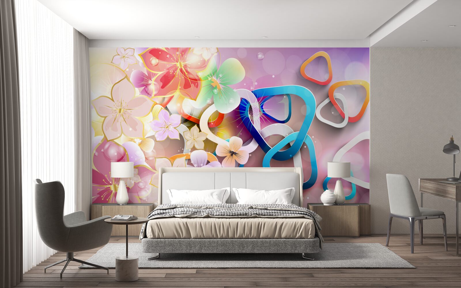 Fototapet flori în culori și modele bogate, cu accente aurii