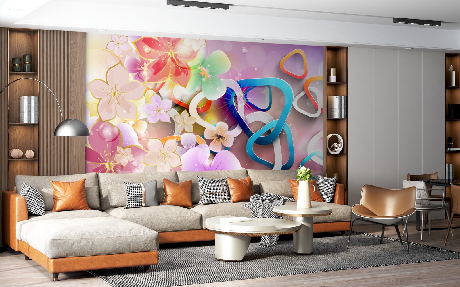 Fototapet flori în culori și modele bogate, cu accente aurii