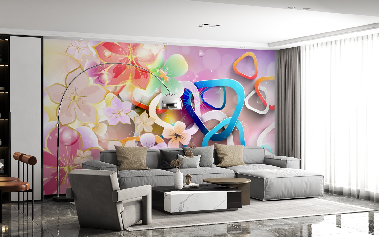 Fototapet flori în culori și modele bogate, cu accente aurii