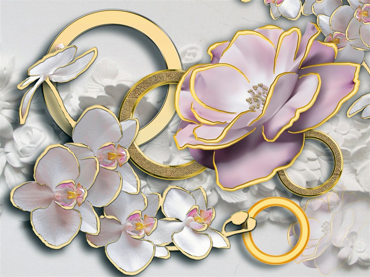 Fototapet flori strălucitoare și aurii pe cer