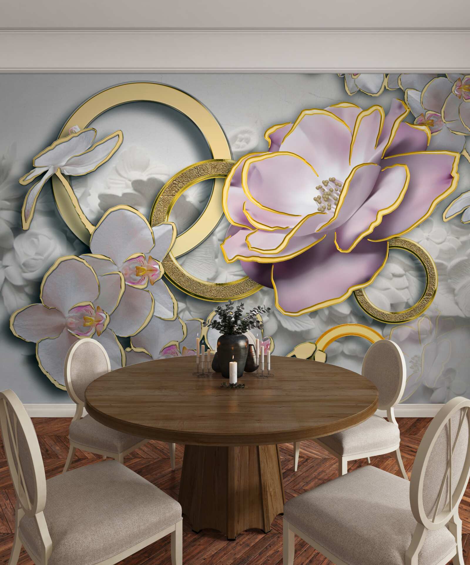 Fototapet flori strălucitoare și aurii pe cer