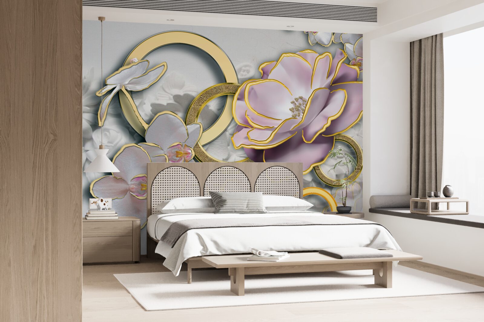 Fototapet flori strălucitoare și aurii pe cer