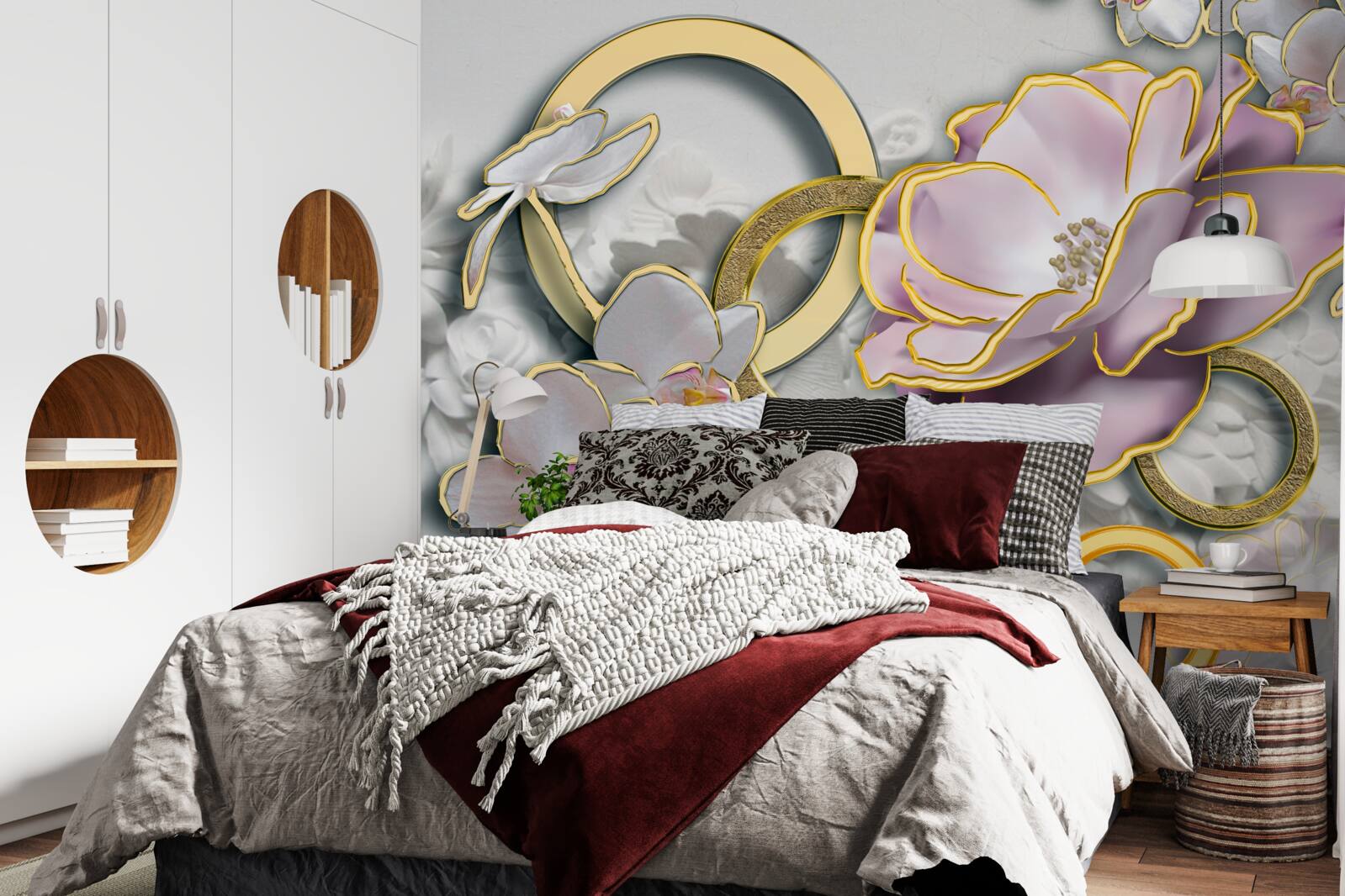 Fototapet flori strălucitoare și aurii pe cer