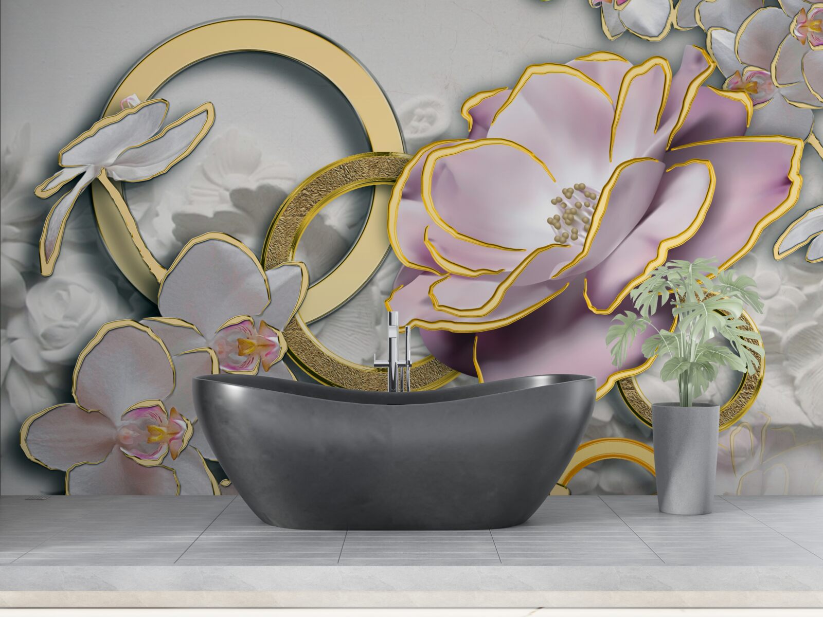 Fototapet flori strălucitoare și aurii pe cer