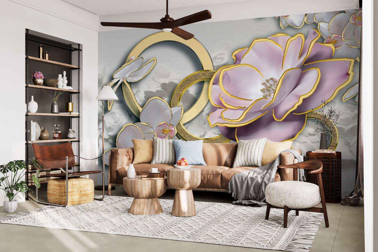 Fototapet flori strălucitoare și aurii pe cer