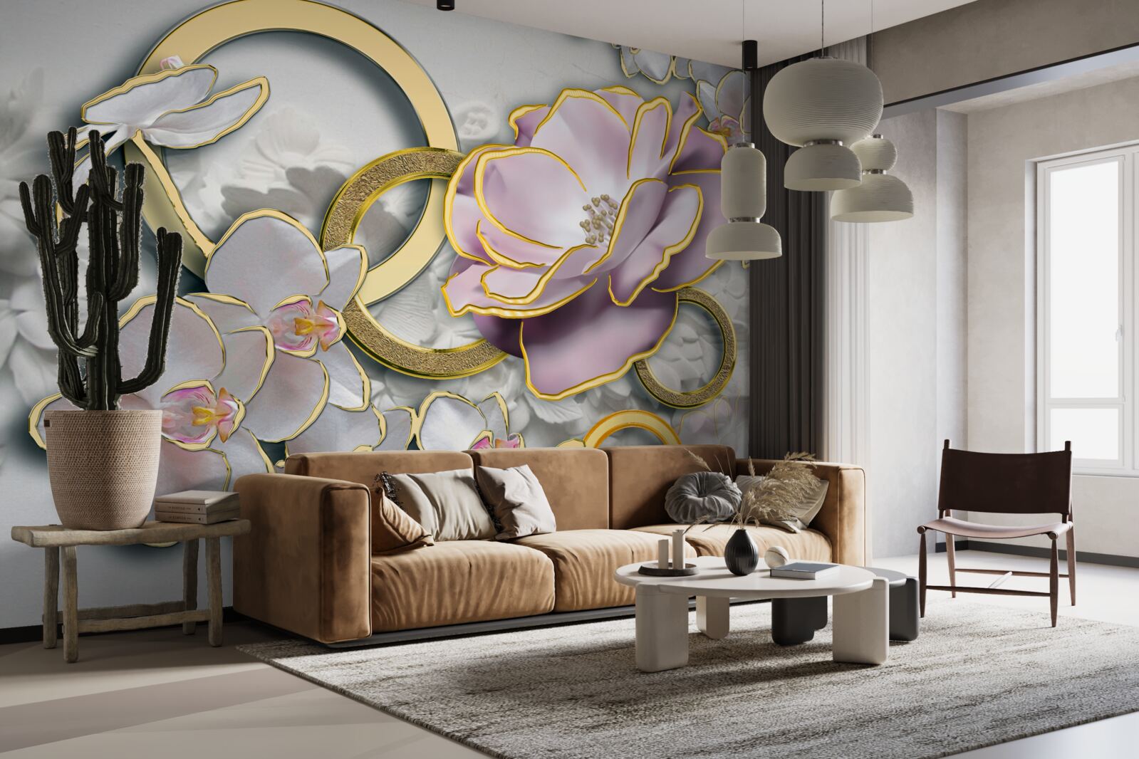 Fototapet flori strălucitoare și aurii pe cer