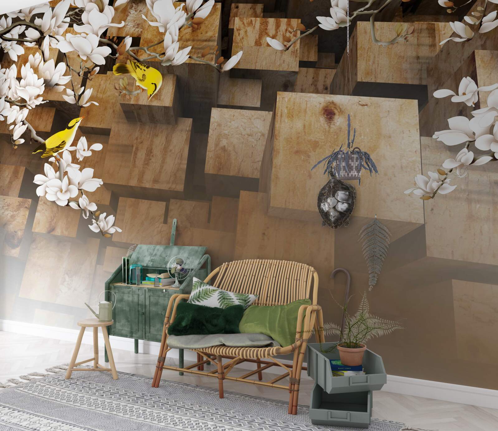 Fototapet cuburi de lemn plutitoare și flori albe