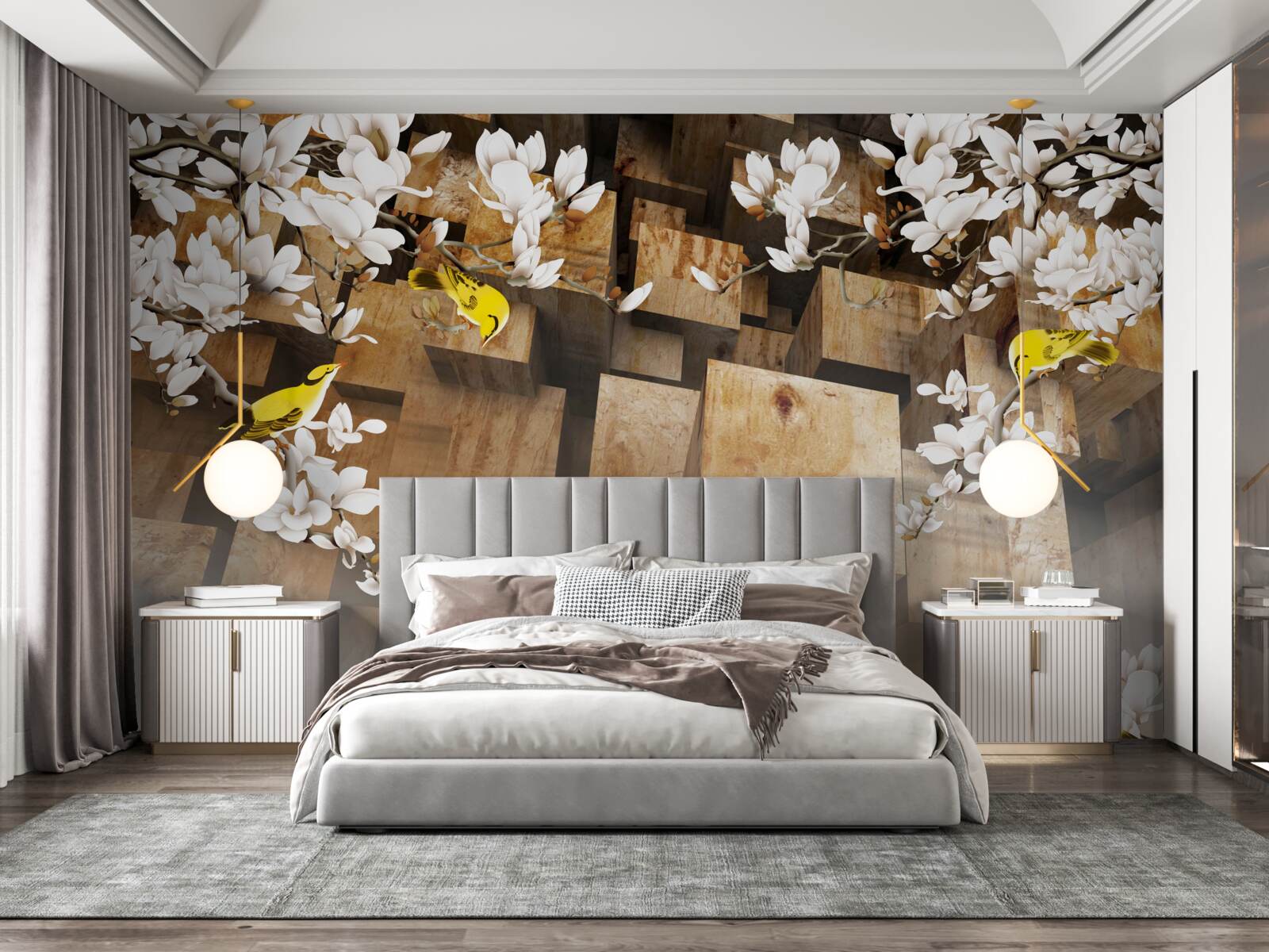 Fototapet cuburi de lemn plutitoare și flori albe