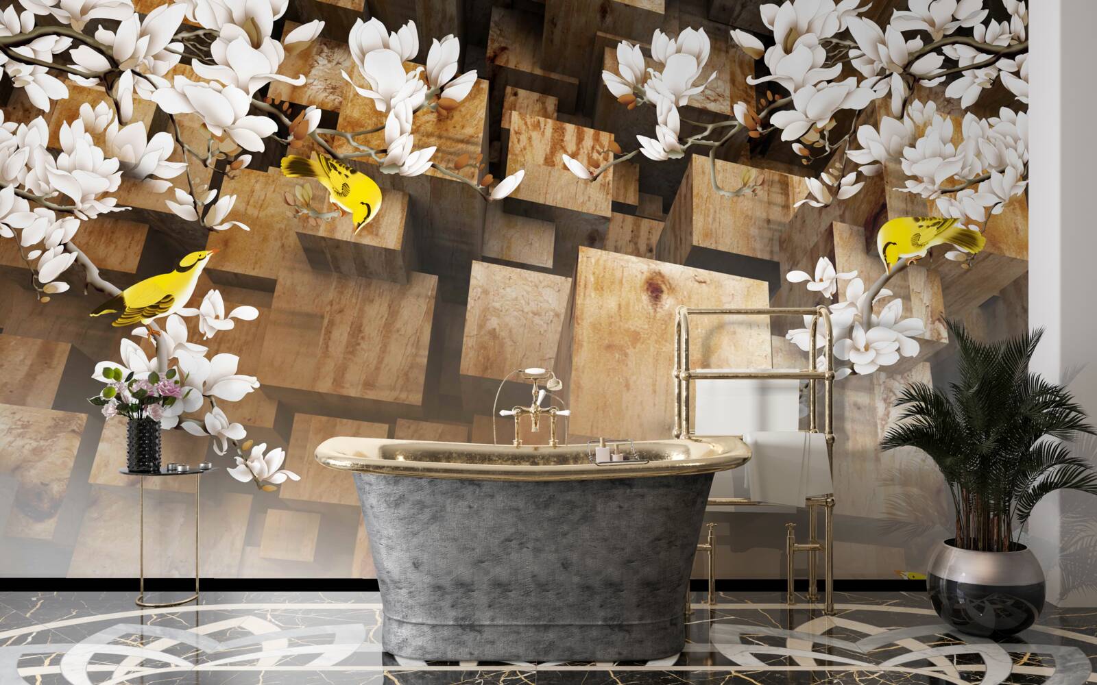 Fototapet cuburi de lemn plutitoare și flori albe