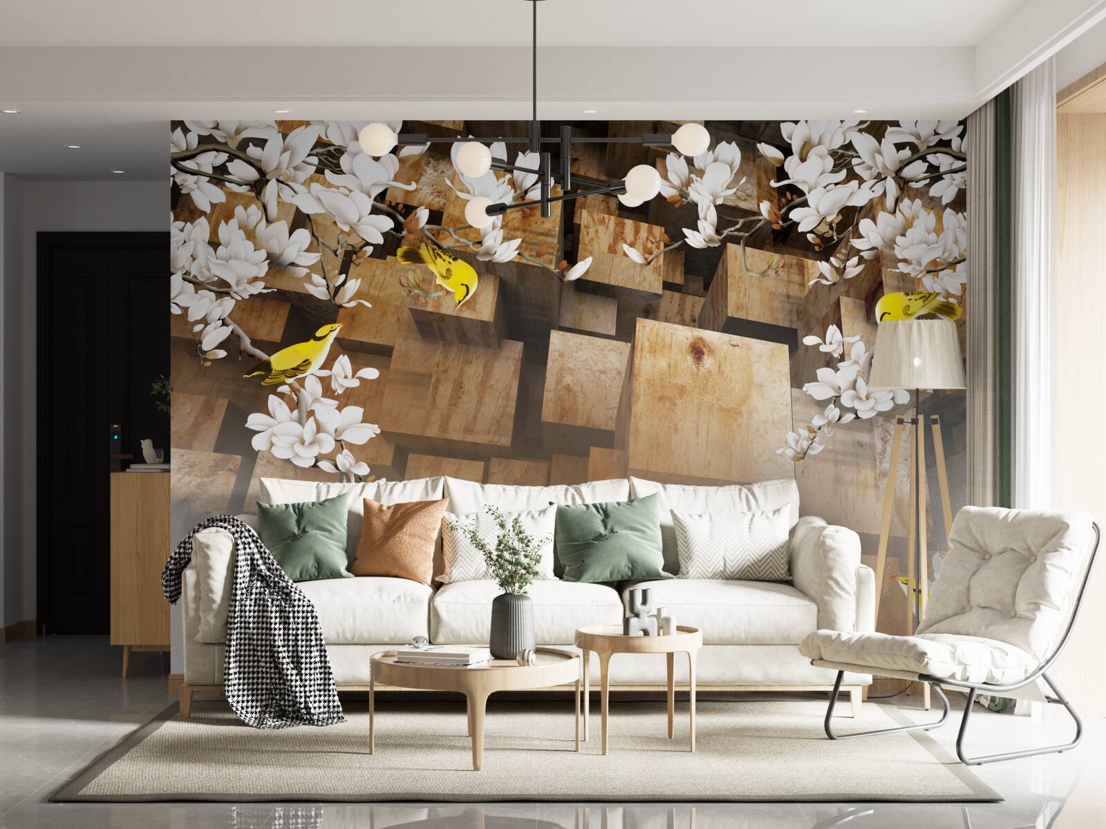 Fototapet cuburi de lemn plutitoare și flori albe