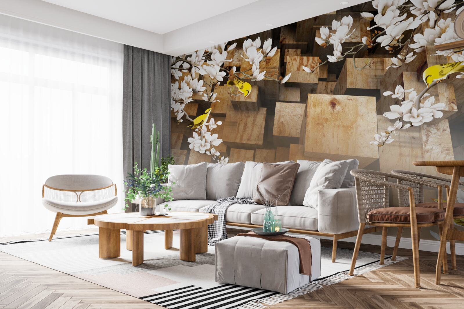 Fototapet cuburi de lemn plutitoare și flori albe