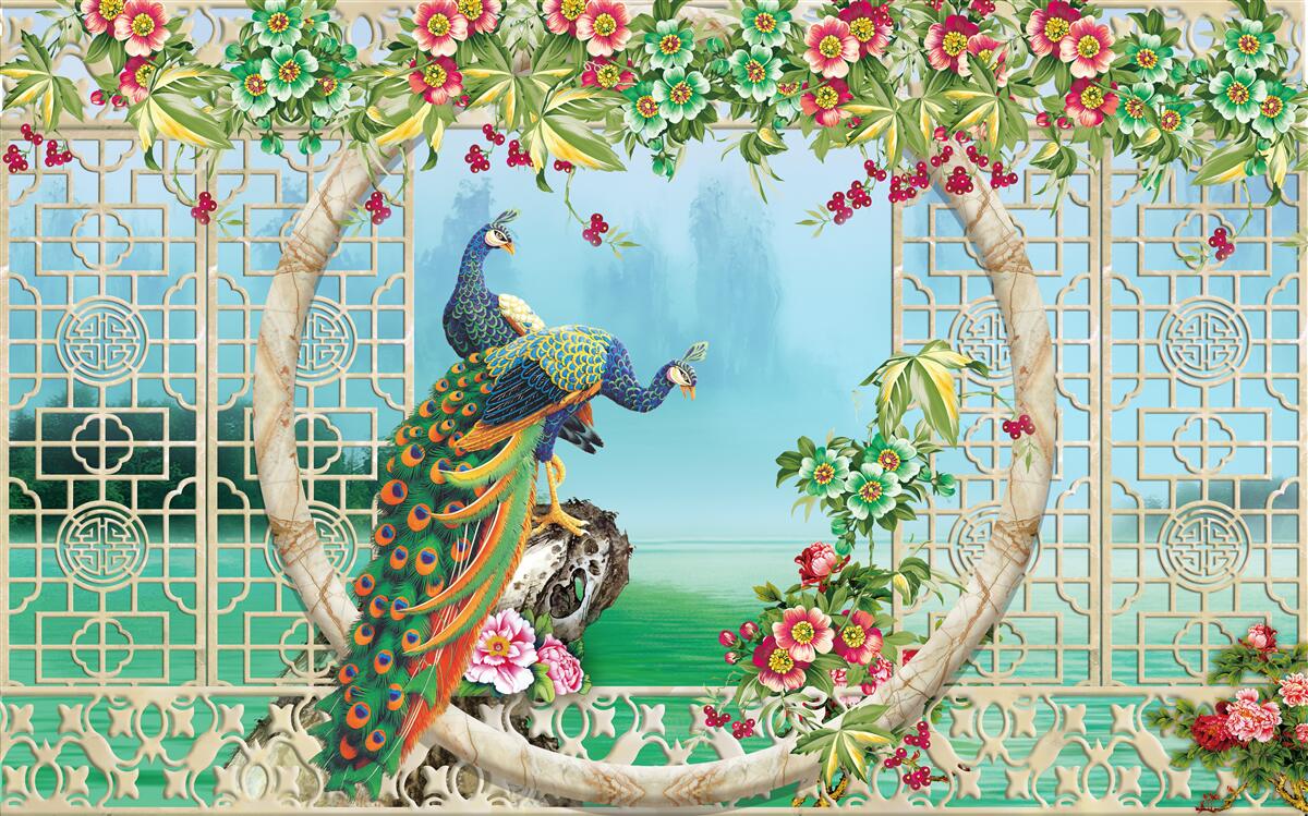 Fototapet fazani minunat pe un pod circular peste apă