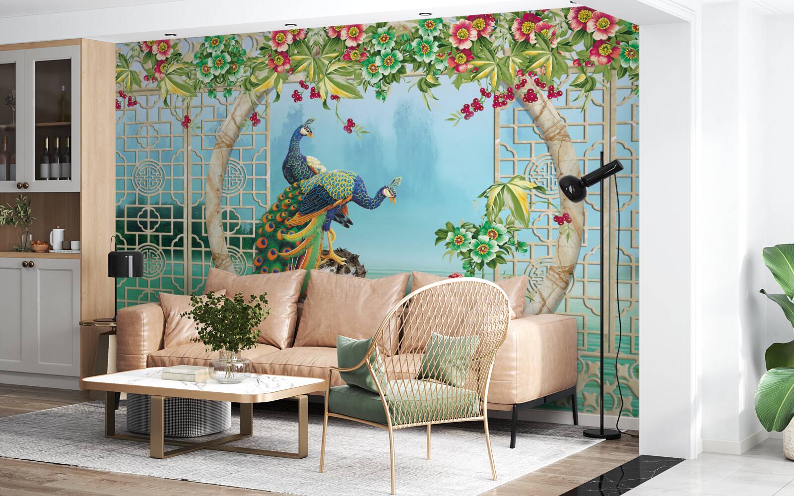 Fototapet fazani minunat pe un pod circular peste apă