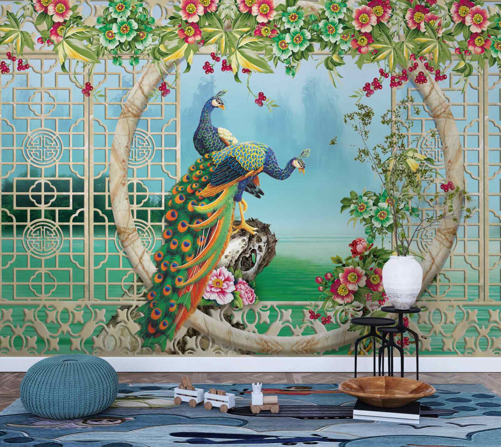 Fototapet fazani minunat pe un pod circular peste apă