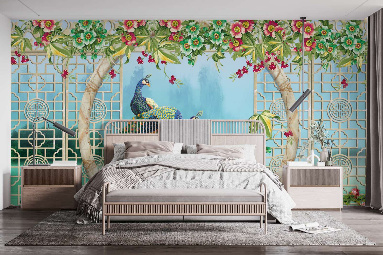 Fototapet fazani minunat pe un pod circular peste apă