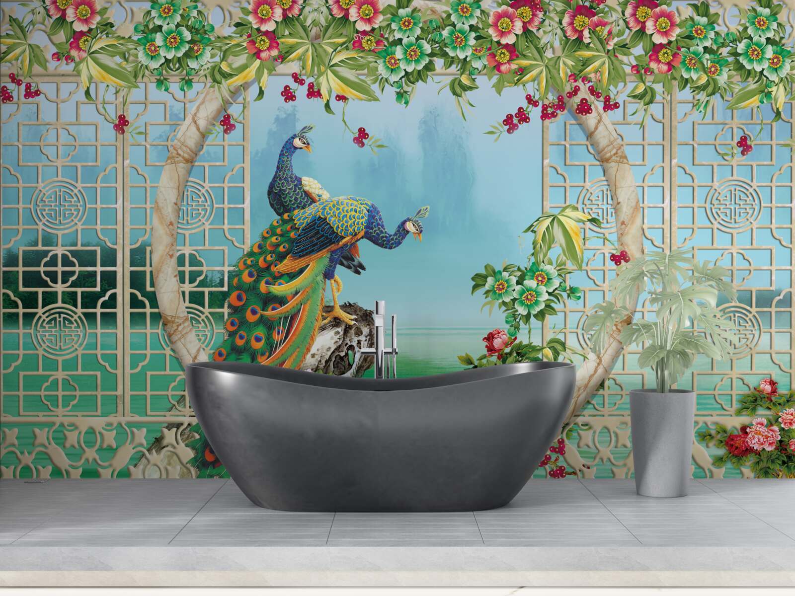 Fototapet fazani minunat pe un pod circular peste apă