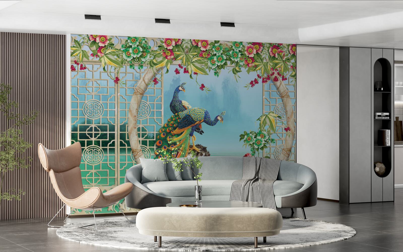 Fototapet fazani minunat pe un pod circular peste apă